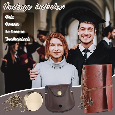 كانايو 2 قطعة هدية التخرج البوصلة Thoreau's Go Confidently Quote بوصلة محفورة مع حقيبة جلدية مختومة ودفتر ملاحظات جلدي لهدايا التخرج المسيحية in Kuwait