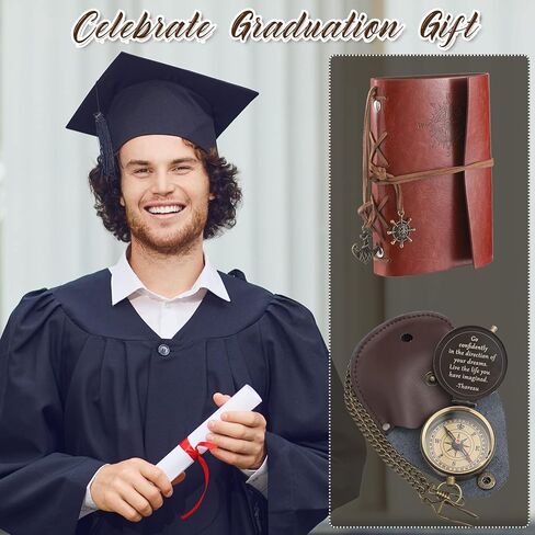 كانايو 2 قطعة هدية التخرج البوصلة Thoreau's Go Confidently Quote بوصلة محفورة مع حقيبة جلدية مختومة ودفتر ملاحظات جلدي لهدايا التخرج المسيحية in Kuwait