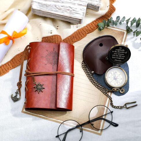 كانايو 2 قطعة هدية التخرج البوصلة Thoreau's Go Confidently Quote بوصلة محفورة مع حقيبة جلدية مختومة ودفتر ملاحظات جلدي لهدايا التخرج المسيحية in Kuwait
