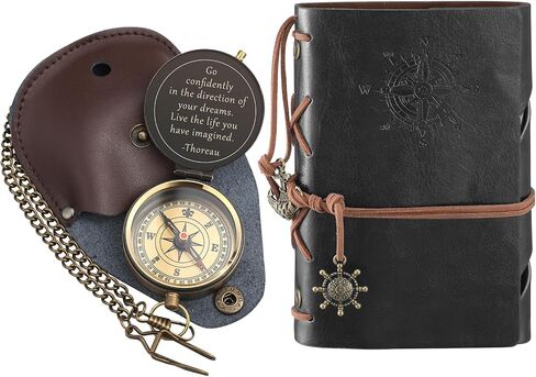 Kanayu 2 Pcs Compass Graduation Gift Thoreau's Go Confidently Quote Engraved Compass with Stamped Leather Case and Leather Journal Notebookfor Graduation Christian Gifts in Saudi Arabia