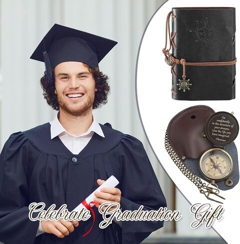 Kanayu 2 Pcs Compass Graduation Gift Thoreau's Go Confidently Quote Engraved Compass with Stamped Leather Case and Leather Journal Notebookfor Graduation Christian Gifts in Saudi Arabia