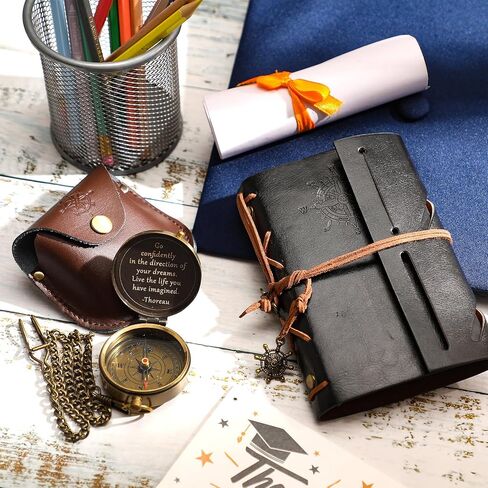 Kanayu 2 Pcs Compass Graduation Gift Thoreau's Go Confidently Quote Engraved Compass with Stamped Leather Case and Leather Journal Notebookfor Graduation Christian Gifts in Saudi Arabia