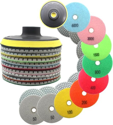 Wet Diamond Polishing Pads Set 10pcs,BeQell 4 Inch Polishing Kit for Granite Stone Quartz Marble Floor Grinder or Polisher, 50#-6000# Grit Pads with Hook & Loop Backing Holder Pads for Wet Polisher in Kuwait
