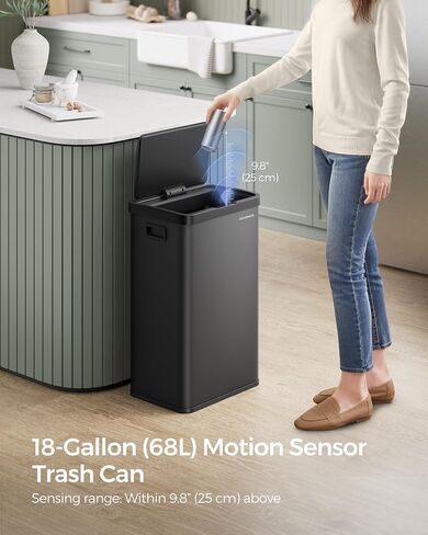 SONGMICS Motion Sensor Trash Can, 18-Gallon (68L) Automatic Kitchen Garbage Can with Stay-Open Lid, Soft Close, Stainless Steel, 15 Trash Bags Included, Ink Black ULTB630B68 in Saudi Arabia