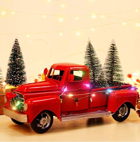 AerWo Red Christmas Truck, Little Red Truck Christmas Decor with 2 Mini Christmas Trees and LED String Lights, Red Metal Pickup Truck Car Model for Christmas Decorations Table Top Decor in Saudi Arabia