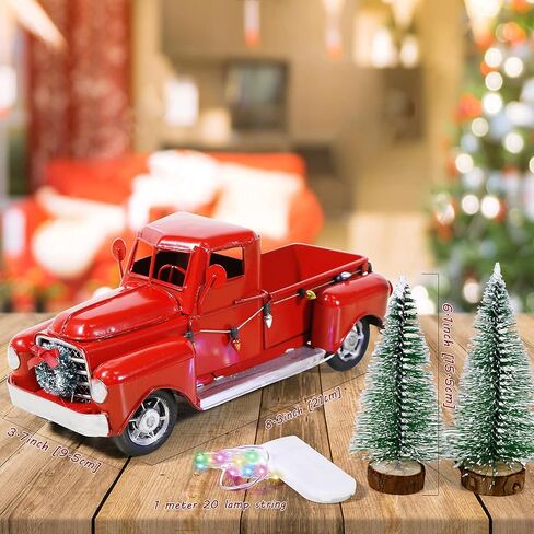 AerWo Red Christmas Truck, Little Red Truck Christmas Decor with 2 Mini Christmas Trees and LED String Lights, Red Metal Pickup Truck Car Model for Christmas Decorations Table Top Decor in Saudi Arabia