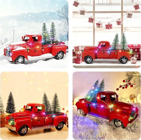 AerWo Red Christmas Truck, Little Red Truck Christmas Decor with 2 Mini Christmas Trees and LED String Lights, Red Metal Pickup Truck Car Model for Christmas Decorations Table Top Decor in Saudi Arabia