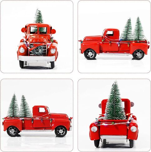 AerWo Red Christmas Truck, Little Red Truck Christmas Decor with 2 Mini Christmas Trees and LED String Lights, Red Metal Pickup Truck Car Model for Christmas Decorations Table Top Decor in Saudi Arabia
