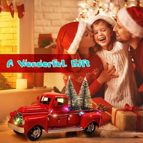 AerWo Red Christmas Truck, Little Red Truck Christmas Decor with 2 Mini Christmas Trees and LED String Lights, Red Metal Pickup Truck Car Model for Christmas Decorations Table Top Decor in Saudi Arabia