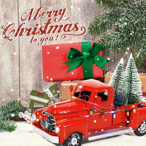 AerWo Red Christmas Truck, Little Red Truck Christmas Decor with 2 Mini Christmas Trees and LED String Lights, Red Metal Pickup Truck Car Model for Christmas Decorations Table Top Decor in Saudi Arabia