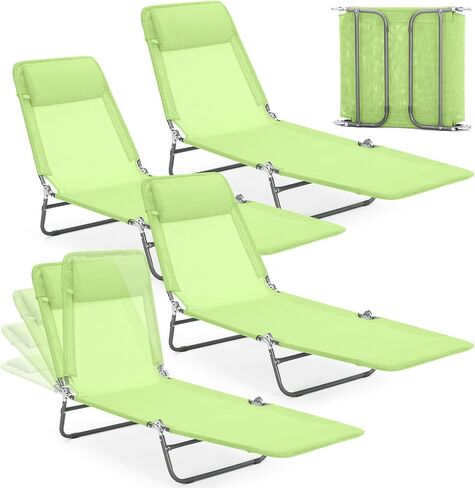 Beeveer 4 Pack Folding Chaise Lounge Chairs Sunbathing Tanning Chair Beach Lounge Chairs, 5 Level Adjustable Backrest Removable Pillow Waterproof Breathable Mesh Pool Chair for Patio Lawn Yard(Green) in Saudi Arabia