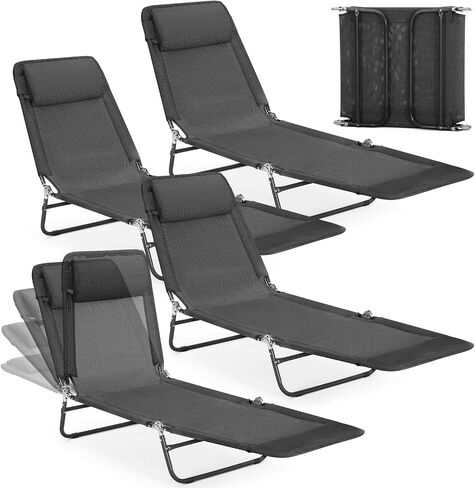 Beeveer 4 Pack Folding Chaise Lounge Chairs Sunbathing Tanning Chair Beach Lounge Chairs, 5 Level Adjustable Backrest Removable Pillow Waterproof Breathable Mesh Pool Chair for Patio Lawn Yard(Green) in Saudi Arabia