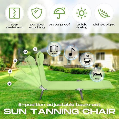 Beeveer 4 Pack Folding Chaise Lounge Chairs Sunbathing Tanning Chair Beach Lounge Chairs, 5 Level Adjustable Backrest Removable Pillow Waterproof Breathable Mesh Pool Chair for Patio Lawn Yard(Green) in Saudi Arabia