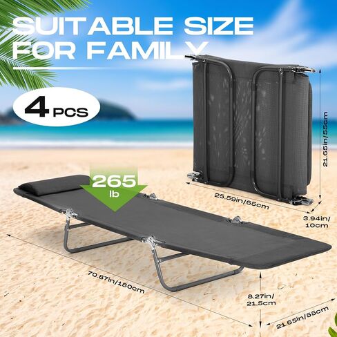Beeveer 4 Pack Folding Chaise Lounge Chairs Sunbathing Tanning Chair Beach Lounge Chairs, 5 Level Adjustable Backrest Removable Pillow Waterproof Breathable Mesh Pool Chair for Patio Lawn Yard(Green) in Saudi Arabia