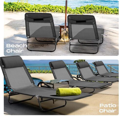 Beeveer 4 Pack Folding Chaise Lounge Chairs Sunbathing Tanning Chair Beach Lounge Chairs, 5 Level Adjustable Backrest Removable Pillow Waterproof Breathable Mesh Pool Chair for Patio Lawn Yard(Green) in Saudi Arabia