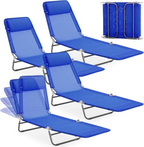 Beeveer 4 Pack Folding Chaise Lounge Chairs Sunbathing Tanning Chair Beach Lounge Chairs, 5 Level Adjustable Backrest Removable Pillow Waterproof Breathable Mesh Pool Chair for Patio Lawn Yard(Green) in Saudi Arabia