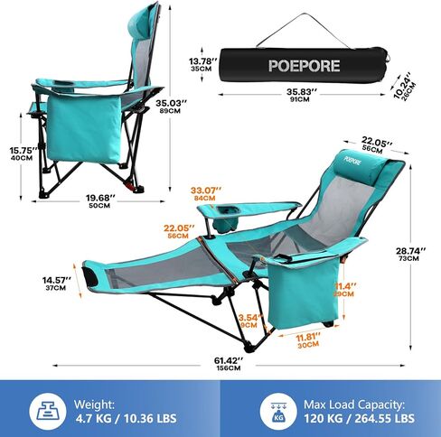 كرسي تخييم قابل للاستلقاء من POEPORE بأربعة أوضاع مع مسند للقدمين مريح للبالغين 265 رطلًا قابل للطي كرسي شاطئ شبكي مع حقيبة تبريد وحامل أكواب للفناء الخارجي in Kuwait