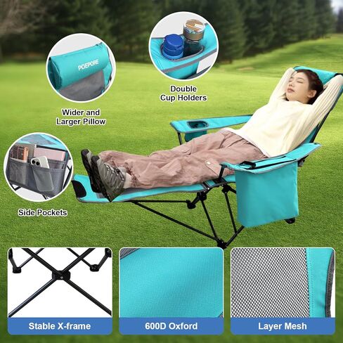 كرسي تخييم قابل للاستلقاء من POEPORE بأربعة أوضاع مع مسند للقدمين مريح للبالغين 265 رطلًا قابل للطي كرسي شاطئ شبكي مع حقيبة تبريد وحامل أكواب للفناء الخارجي in Kuwait