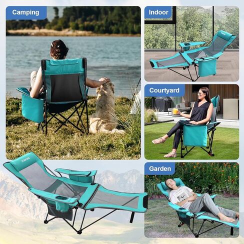 كرسي تخييم قابل للاستلقاء من POEPORE بأربعة أوضاع مع مسند للقدمين مريح للبالغين 265 رطلًا قابل للطي كرسي شاطئ شبكي مع حقيبة تبريد وحامل أكواب للفناء الخارجي in Kuwait