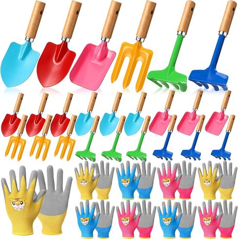 32 Pcs Mini Colorful Metal Garden Tool Set Hand Shovel and Kids Gardening Gloves Set Includes 24 Pcs Shovel Rake Fork with Wooden Handle and 8 Pairs Latex Gloves for Kids Beach Outdoor Birthday Gift in Saudi Arabia