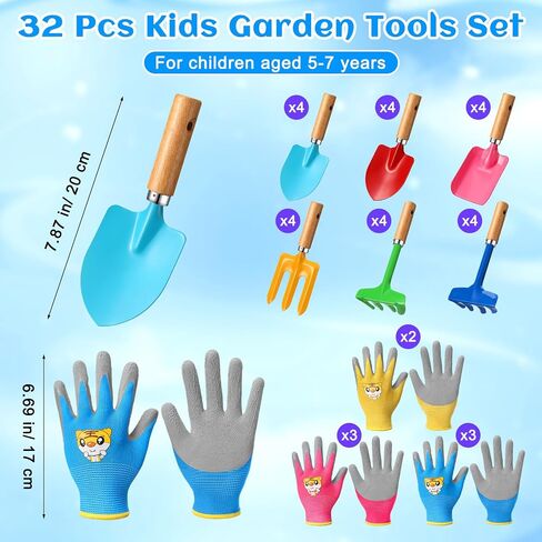 32 Pcs Mini Colorful Metal Garden Tool Set Hand Shovel and Kids Gardening Gloves Set Includes 24 Pcs Shovel Rake Fork with Wooden Handle and 8 Pairs Latex Gloves for Kids Beach Outdoor Birthday Gift in Saudi Arabia