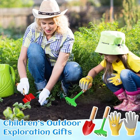 32 Pcs Mini Colorful Metal Garden Tool Set Hand Shovel and Kids Gardening Gloves Set Includes 24 Pcs Shovel Rake Fork with Wooden Handle and 8 Pairs Latex Gloves for Kids Beach Outdoor Birthday Gift in Saudi Arabia