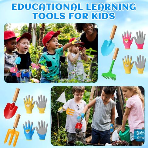 32 Pcs Mini Colorful Metal Garden Tool Set Hand Shovel and Kids Gardening Gloves Set Includes 24 Pcs Shovel Rake Fork with Wooden Handle and 8 Pairs Latex Gloves for Kids Beach Outdoor Birthday Gift in Saudi Arabia