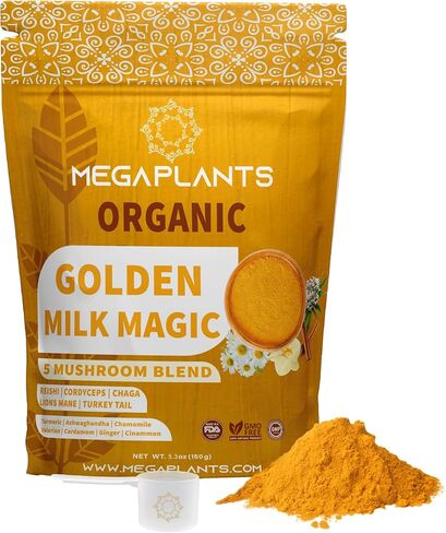 MegaPlants Golden Milk Magic (50 Servings) | Superfood 5 Mushroom Blend for Sleep, Relaxation, Relief | Turmeric, Ashwaghanda, Valerian, Chamomile + 5 Mushroom Blend | Smoothie, Hot Beverage in Saudi Arabia