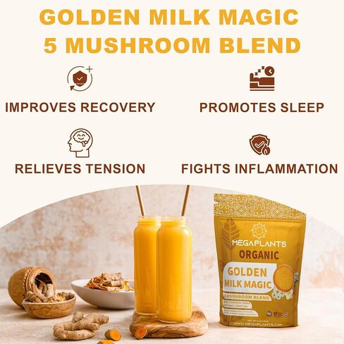 MegaPlants Golden Milk Magic (50 Servings) | Superfood 5 Mushroom Blend for Sleep, Relaxation, Relief | Turmeric, Ashwaghanda, Valerian, Chamomile + 5 Mushroom Blend | Smoothie, Hot Beverage in Saudi Arabia