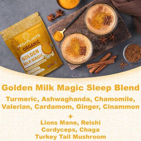 MegaPlants Golden Milk Magic (50 Servings) | Superfood 5 Mushroom Blend for Sleep, Relaxation, Relief | Turmeric, Ashwaghanda, Valerian, Chamomile + 5 Mushroom Blend | Smoothie, Hot Beverage in Saudi Arabia