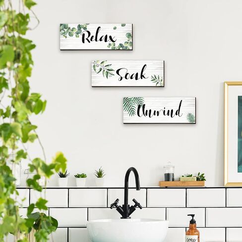 Blulu 3 Pieces Green Bathroom Wall Decor Relax Soak Unwind Bathroom Wall Sign Botanical Green Bathroom Wooden Hanging Wall Art Decor for Farmhouse Home Bathroom (11 x 3.9 x 0.2 Inch) in Saudi Arabia