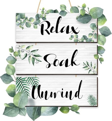 Blulu 3 Pieces Green Bathroom Wall Decor Relax Soak Unwind Bathroom Wall Sign Botanical Green Bathroom Wooden Hanging Wall Art Decor for Farmhouse Home Bathroom (11 x 3.9 x 0.2 Inch) in Saudi Arabia