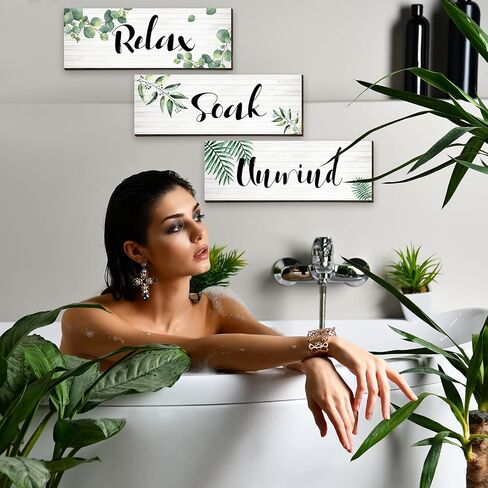Blulu 3 Pieces Green Bathroom Wall Decor Relax Soak Unwind Bathroom Wall Sign Botanical Green Bathroom Wooden Hanging Wall Art Decor for Farmhouse Home Bathroom (11 x 3.9 x 0.2 Inch) in Saudi Arabia