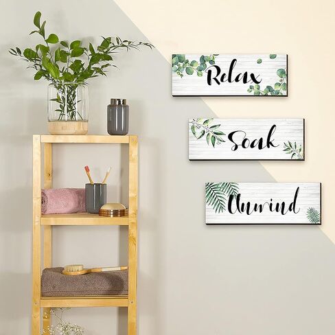 Blulu 3 Pieces Green Bathroom Wall Decor Relax Soak Unwind Bathroom Wall Sign Botanical Green Bathroom Wooden Hanging Wall Art Decor for Farmhouse Home Bathroom (11 x 3.9 x 0.2 Inch) in Saudi Arabia