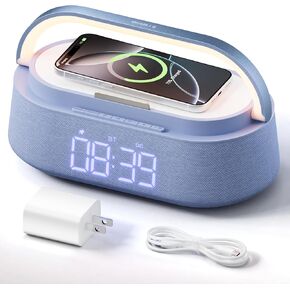 ساعة منبه بسماعات بلوتوث مع شاحن لاسلكي سريع 15 وات، راديو FM، ضوء ليلي LED، ساعات شحن لاسلكية لغرف النوم والمكتب والمنزل، هدايا in Kuwait