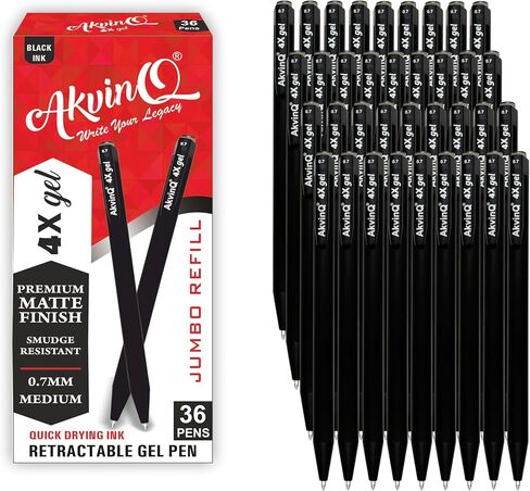 AKVINQ® 4X Gel Retractable Gel Pen | 0.7mm Medium Point | Black Gel Ink Pens | Pack of 12 Pens | Premium Matte Finish | Jumbo Refill - For Journaling, Writing, Note-Taking, Office Supplies. in Saudi Arabia
