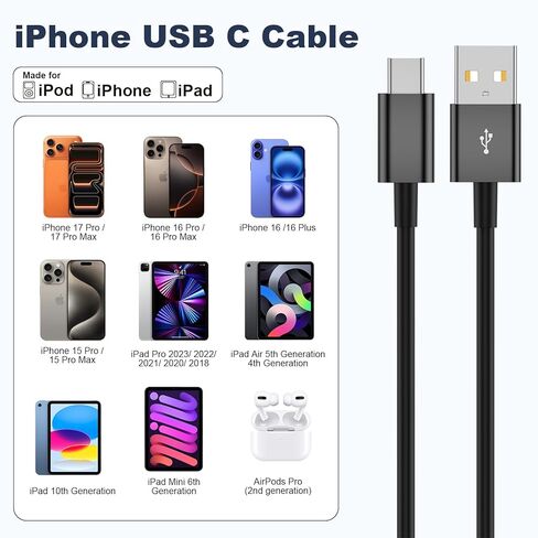كابل Carplay للسيارة لهاتف iPhone 16 15 16 Pro Max 16 15 Plus، كابل USB A إلى USB C بطول 3 أقدام، سلك Carplay USB C لجهاز iPad 10th Gen iPad Pro iPad Air 5th 4th Mini 6th Gen كابل شحن السيارة in Saudi Arabia