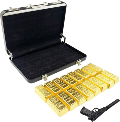 18pcs Miniature Golden Briefcase Set - 16 Fake Gold Bars and 1 Mini Suitcase for 1:6 Mini Dollhouse Micro Scene Themed Party Decoration in Saudi Arabia