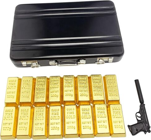 18pcs Miniature Golden Briefcase Set - 16 Fake Gold Bars and 1 Mini Suitcase for 1:6 Mini Dollhouse Micro Scene Themed Party Decoration in Saudi Arabia