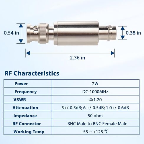 XRDS -RF 2W BNC Male to BNC Female Coaxial RF Attenuator, 20dB Attenuator 50 Ohm 2W, BNC Male to Female Connector, RF Signal Attenuator for Radio and Communication Applications in Kuwait
