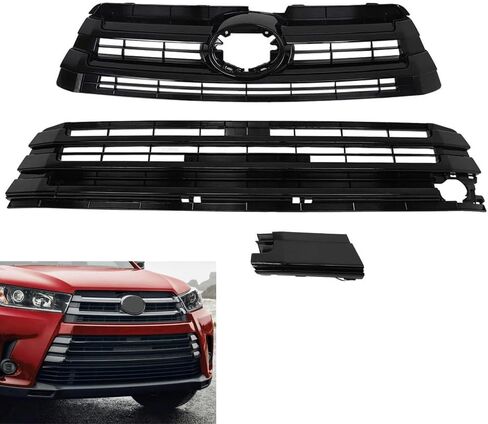 Front Upper&Lower Gloss Black Grill Grille for 2017 2018 2019 Toyota Highlander in Kuwait