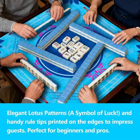 Mahjong Mat, 31.5x31.5 Inch Neoprene Gaming Surface with Rules, Anti-Slip Noise Reduction Table Cover for Tiles and Cards, Includes Storage Bag, Blue in Saudi Arabia
