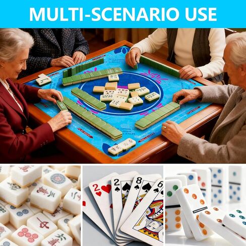 Mahjong Mat, 31.5x31.5 Inch Neoprene Gaming Surface with Rules, Anti-Slip Noise Reduction Table Cover for Tiles and Cards, Includes Storage Bag, Blue in Saudi Arabia