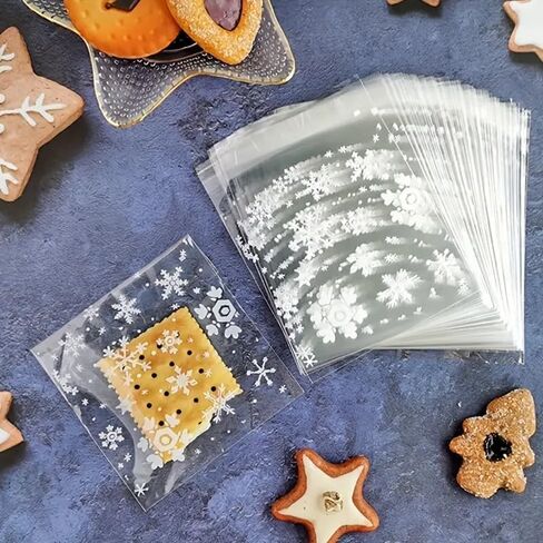 100pcs Snowflake Printing Gift Packaging Bag, Transparent Self-Adhesive Cellophane, Candy And Biscuits Storage, Suitable For Bakery, Birthday, Wedding And Party Packaging Bags. in Saudi Arabia