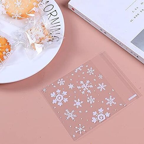100pcs Snowflake Printing Gift Packaging Bag, Transparent Self-Adhesive Cellophane, Candy And Biscuits Storage, Suitable For Bakery, Birthday, Wedding And Party Packaging Bags. in Saudi Arabia