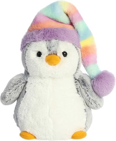 Aurora® Festive Pompom Penguin™ Pom Pom Rainbow Hat™ حيوان محشو - رفاق نابضون بالحياة للاحتضان الدافئ - مثالي للبالغين والأطفال وأعياد الميلاد - رمادي 9 بوصات in Saudi Arabia