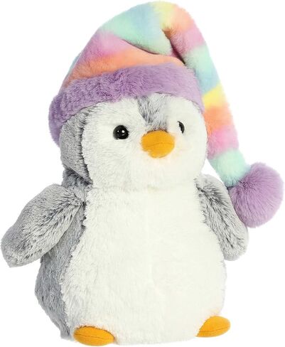 Aurora® Festive Pompom Penguin™ Pom Pom Rainbow Hat™ حيوان محشو - رفاق نابضون بالحياة للاحتضان الدافئ - مثالي للبالغين والأطفال وأعياد الميلاد - رمادي 9 بوصات in Saudi Arabia