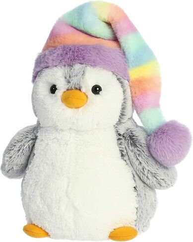 Aurora® Festive Pompom Penguin™ Pom Pom Rainbow Hat™ حيوان محشو - رفاق نابضون بالحياة للاحتضان الدافئ - مثالي للبالغين والأطفال وأعياد الميلاد - رمادي 9 بوصات in Saudi Arabia