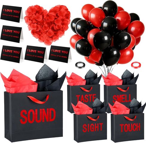 5 Senses Gift Bags for Him, Five Senses Black Red Gift Bags with Rose Petals Balloon, Gifts Decoration Bag for Birthday Wedding Anniversary Christmas Valentine's Day (Red,12.6 x 8.7 x 4 Inch) in Saudi Arabia