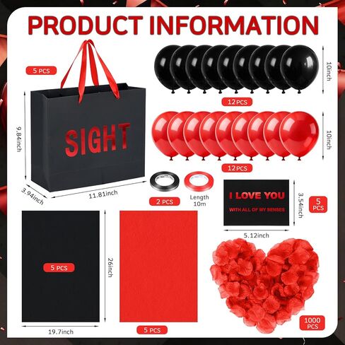 5 Senses Gift Bags for Him, Five Senses Black Red Gift Bags with Rose Petals Balloon, Gifts Decoration Bag for Birthday Wedding Anniversary Christmas Valentine's Day (Red,12.6 x 8.7 x 4 Inch) in Saudi Arabia